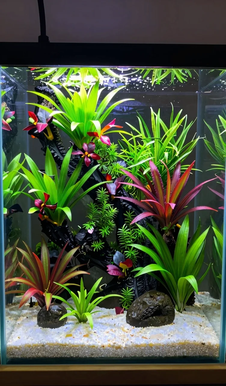Modern Dutch aquascape with lush green plants and bold color contrasts in well-lit tank