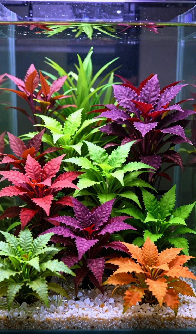 Vibrant Dutch aquascape with red, purple, green, and orange stem plants in organized rows