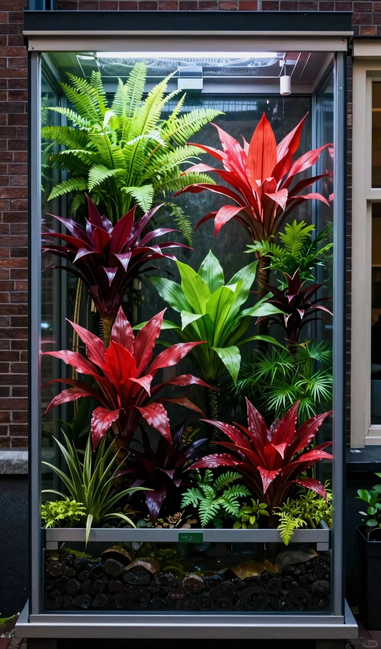 Traditional Dutch street layout with colorful red and green plants creating visual pathways