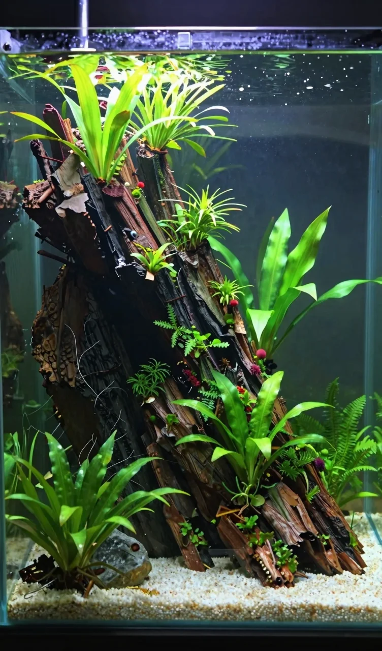 Competition grade aquascape with lush green plants, artistic driftwood, and white gravel path