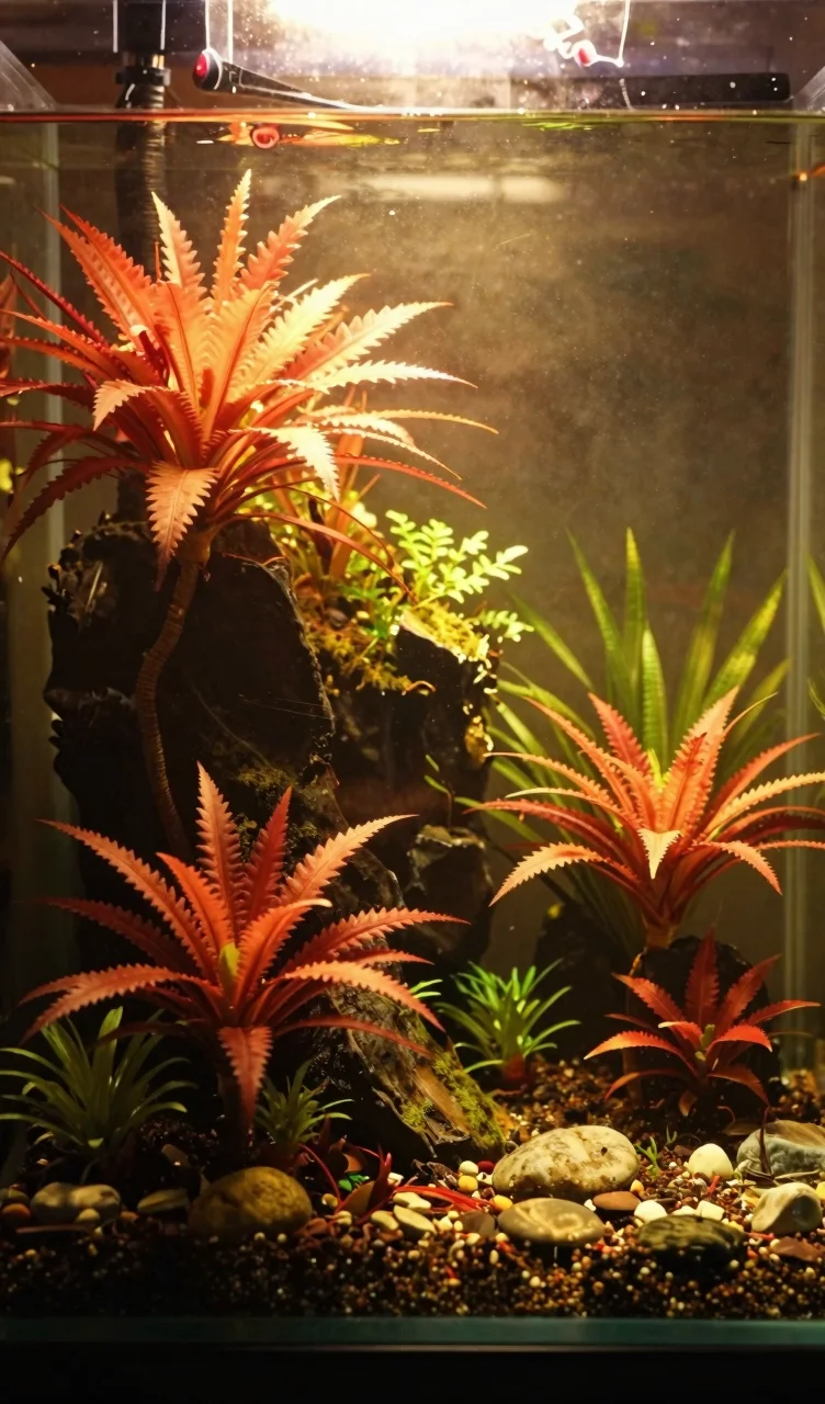 Artistic sunrise-themed aquascape with warm golden lighting through red and green plants