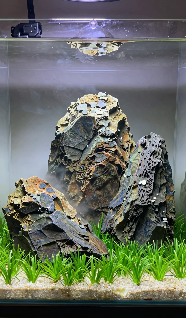 Vibrant Iwagumi aquarium with intricate rock formations and lush green carpet plants