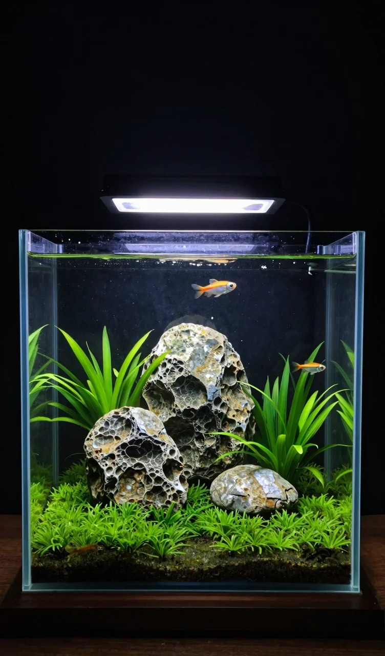 Seiryu stone Iwagumi aquascape with HC Cuba carpet creating serene underwater landscape