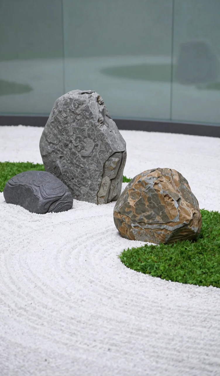 Zen garden style Iwagumi with minimalist rock arrangement and dense green carpet