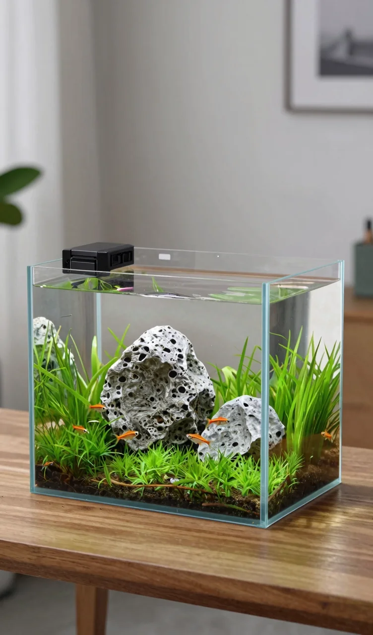 Nano cube aquarium with mini Iwagumi rock layout, carpet plants, and crystal clear water