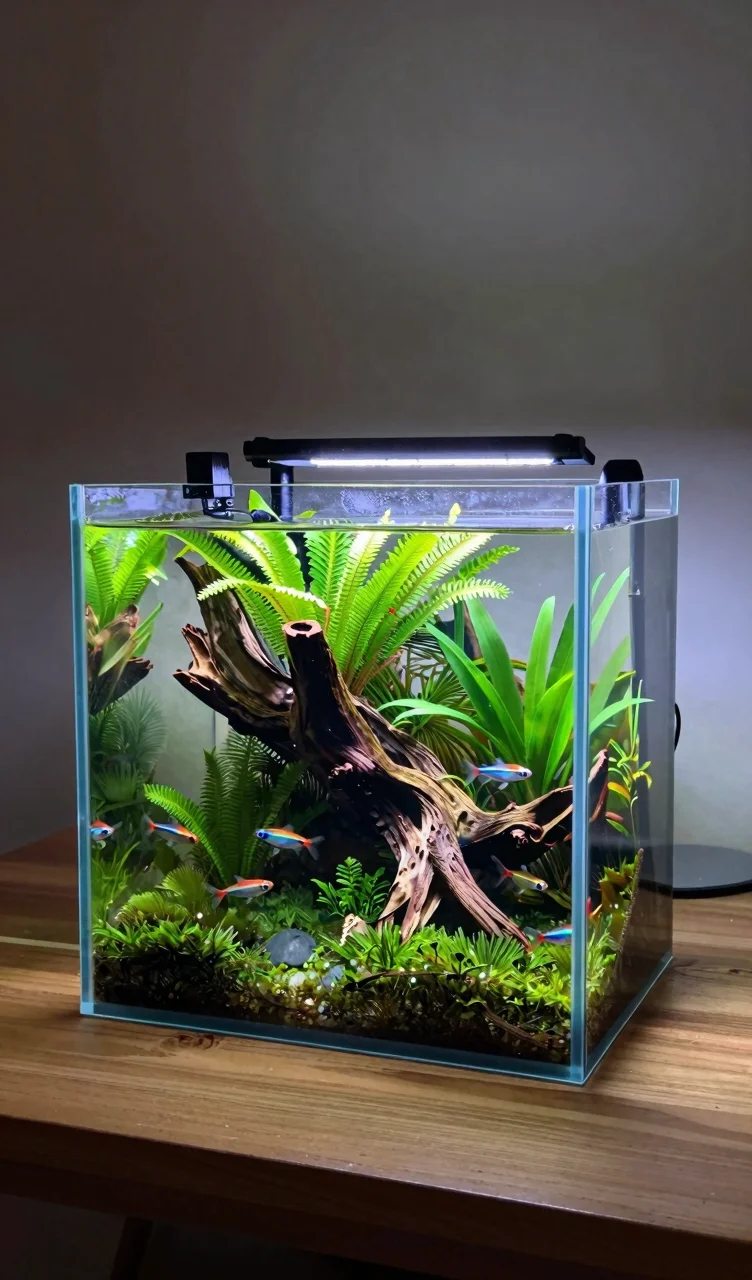 Jungle style nano cube with overgrown aquatic plants, driftwood, and small schooling fish