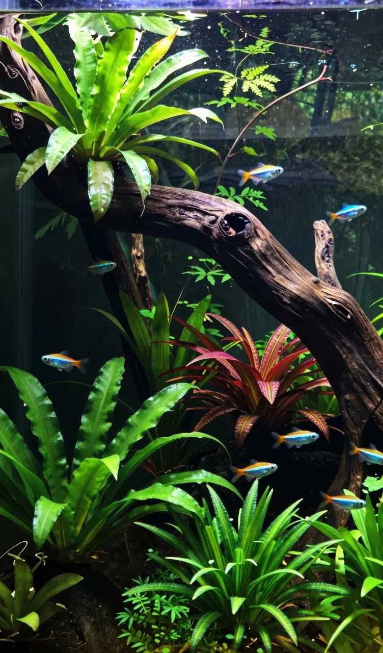 Nature aquascape with driftwood arch, lush green plants, and colorful fish in serene setting