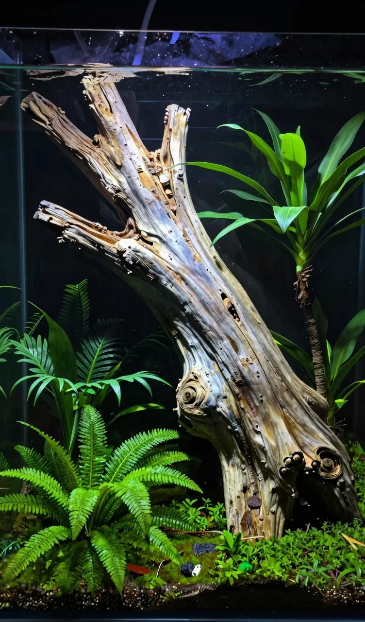 Natural aquascape with fallen driftwood centerpiece, lush green plants, and vibrant aquatic life
