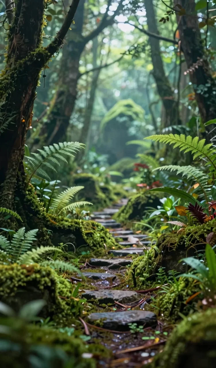 Enchanting forest path aquascape with moss-covered driftwood, ferns, and atmospheric mist
