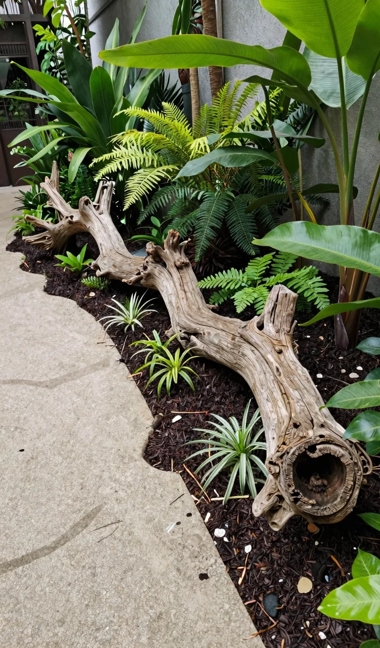 Serene riverbank nature aquascape with branching driftwood and diverse aquatic plants