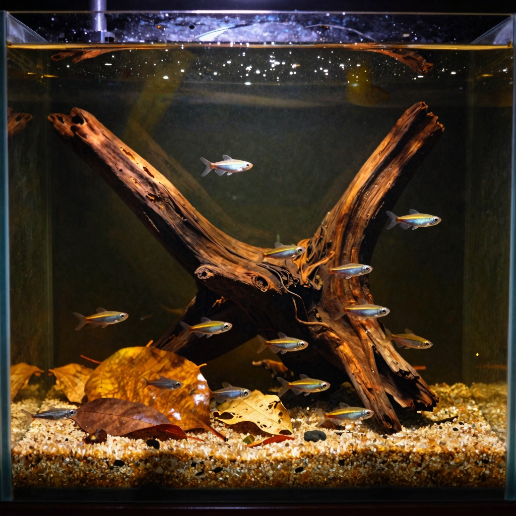 Aquascape with driftwood centerpiece, vibrant fish swim among fallen leaves in a planted tank aquarium setup
