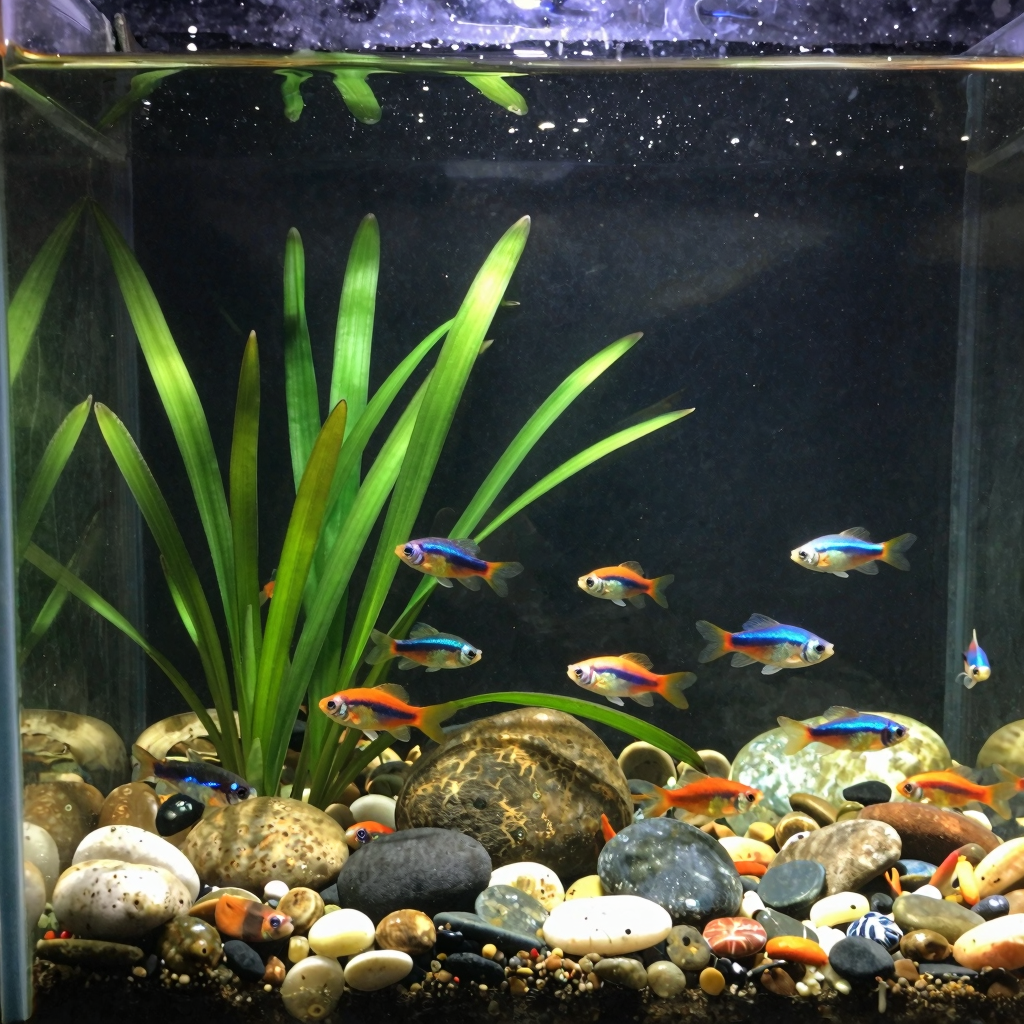 Aquascape with vibrant planted tank featuring sword plants, colorful neon tetras, and assorted rocks creating a serene underwater scene