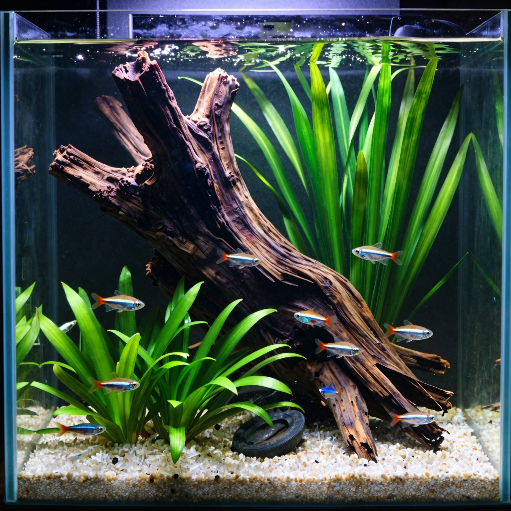 Aquascape with vibrant planted tank featuring driftwood, lush green plants, and colorful fish swimming in clear aquarium water