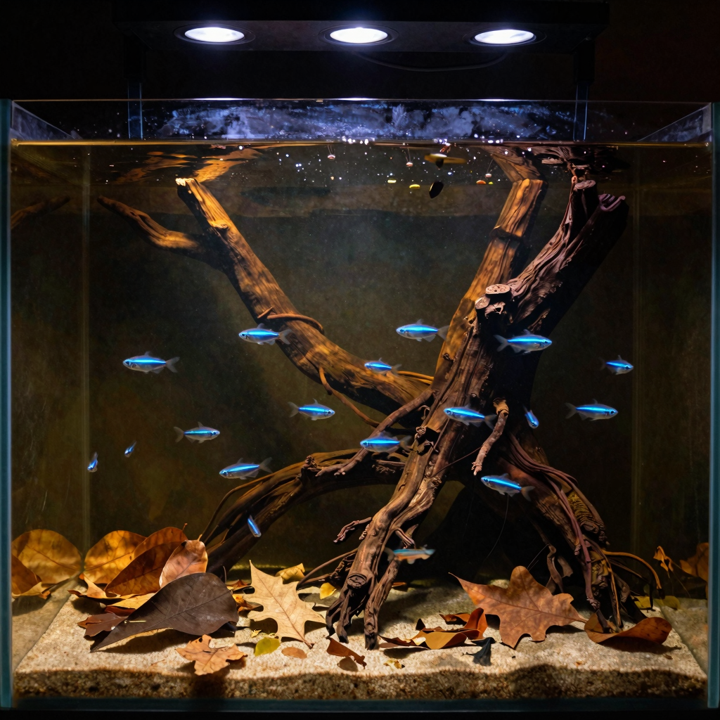 Authentic Amazon blackwater biotope with dark tannin water, scattered leaf litter, tangled driftwood roots, school of glowing Neon tetras
