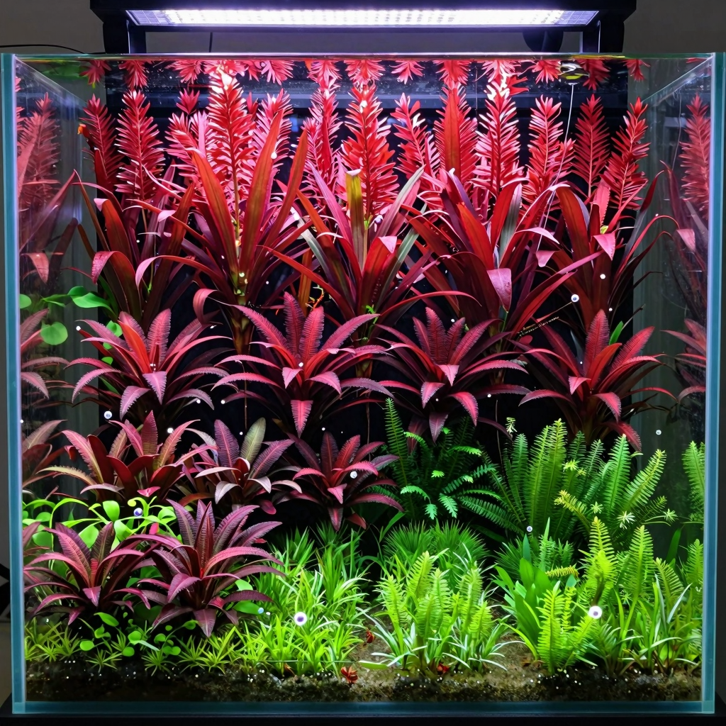 Competition level Dutch aquarium with terraced rows of colorful aquatic plants, Rotala macrandra red backdrop, perfect plant streets