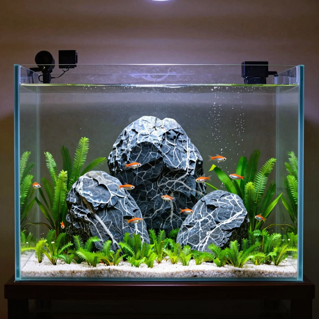 Award-winning Iwagumi aquascape with three Seiryu dragon stones in traditional Sanzon arrangement, lush Hemianthus Cuba carpet, rimless glass tank