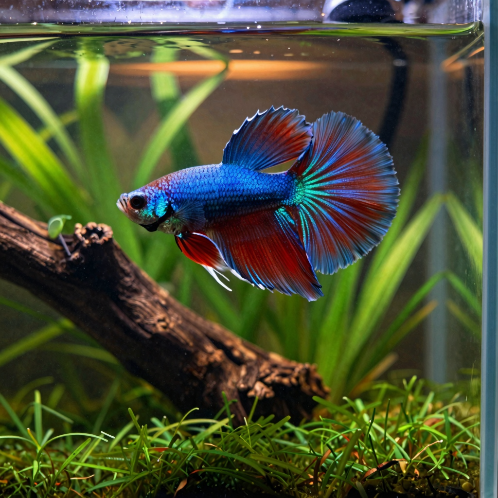 Gorgeous planted nano tank with magnificent halfmoon Betta fish, spider wood with Bucephalandra, Monte Carlo carpet, warm amber lighting