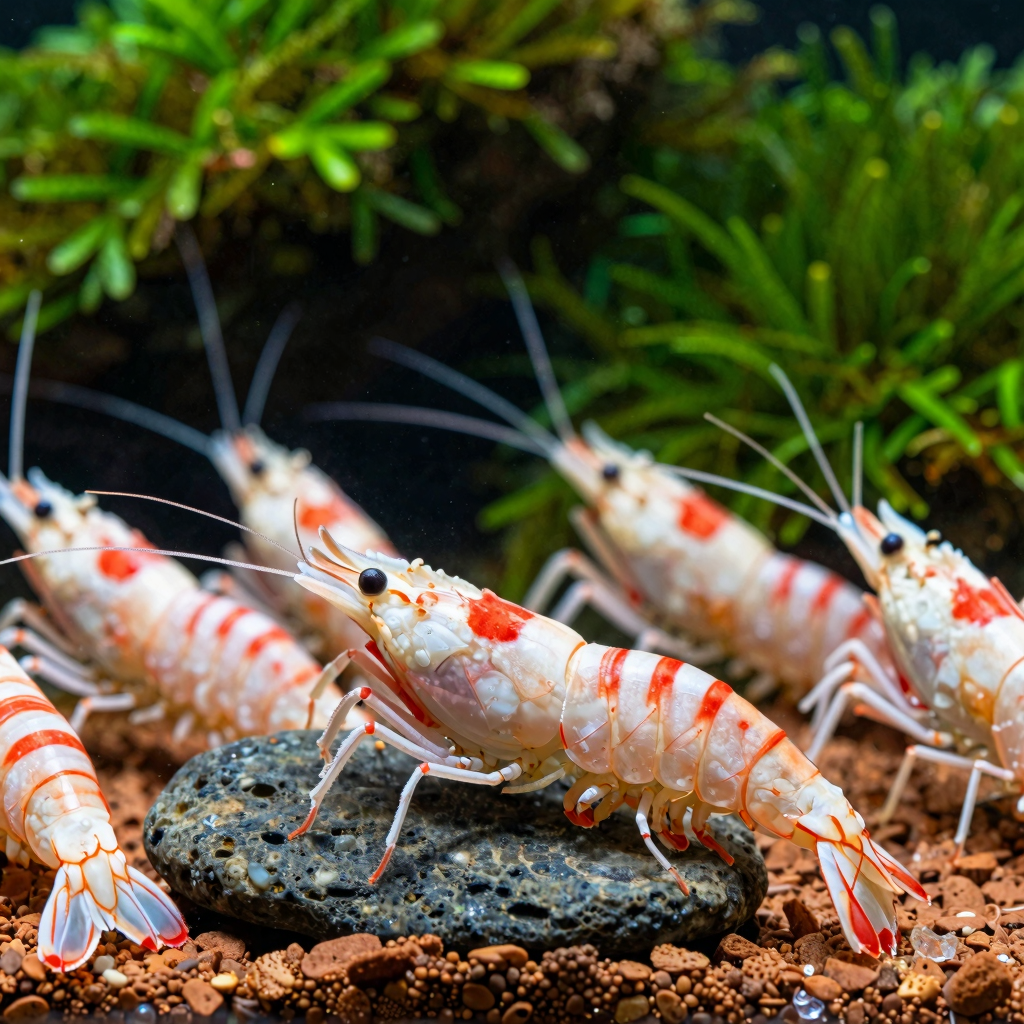 Premium Crystal Red Shrimp tank with SSS grade shrimp, dense Fissidens moss wall, Seiryu stone, macro photography detail
