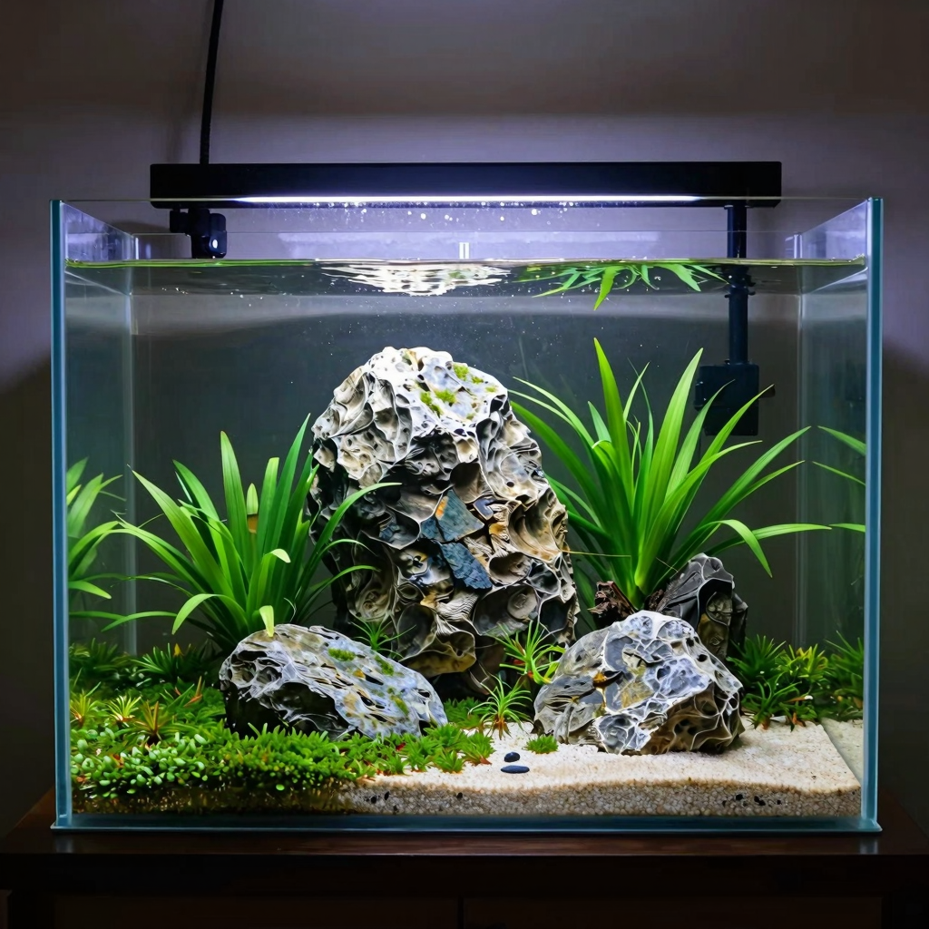 Aquascape planted tank with lush green plants, large rocks, and driftwood creating a serene underwater landscape in an aquarium