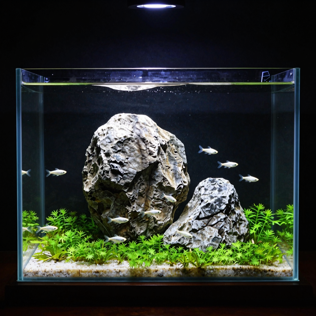 Aquarium setup featuring a large rock formation adorned with small plants in white gravel substrate; ideal for aquascaping enthusiasts