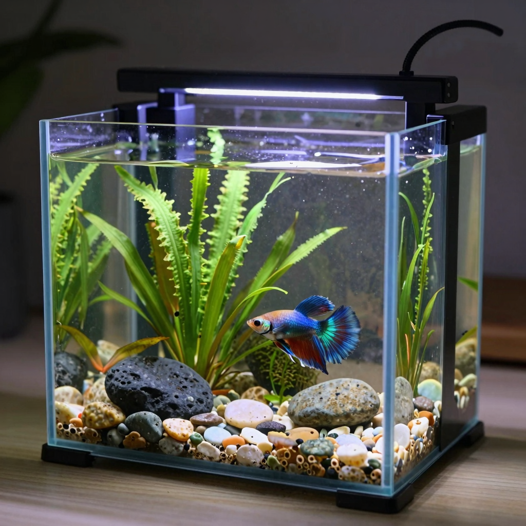 Aquascape planted tank with vibrant betta fish, lush green plants, smooth rocks, and driftwood creating a serene underwater scene