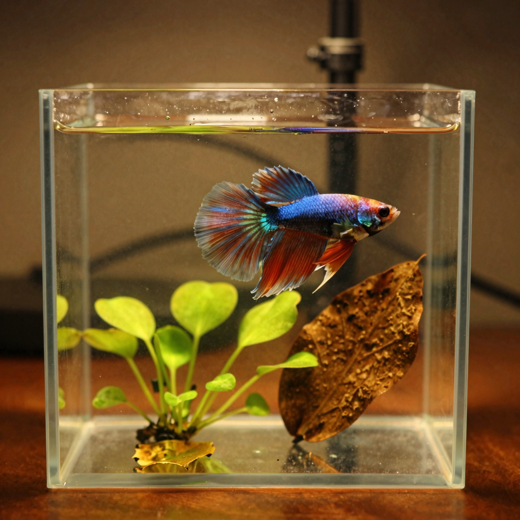 Aquascape with vibrant betta fish swimming near Java fern plants and a large leaf in a clear planted tank aquarium