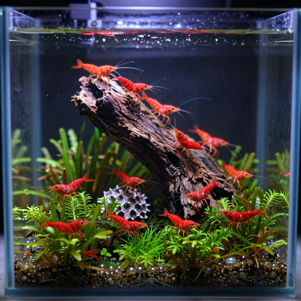 Compact planted aquarium featuring vibrant red shrimp on a driftwood log surrounded by lush green plants; ideal setup for beginners in aquascaping