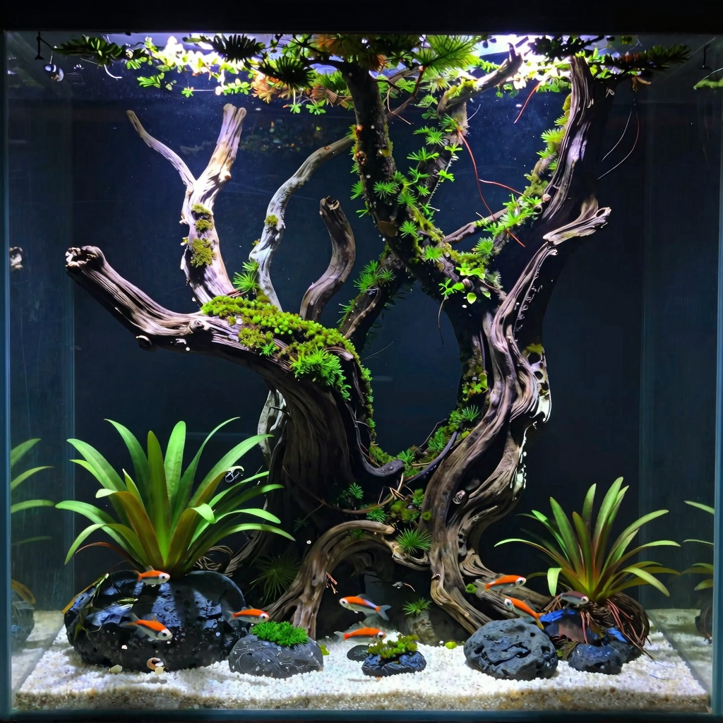 Aquascape with driftwood centerpiece, vibrant planted tank featuring Java fern and rocks, home to colorful fish in a serene aquarium
