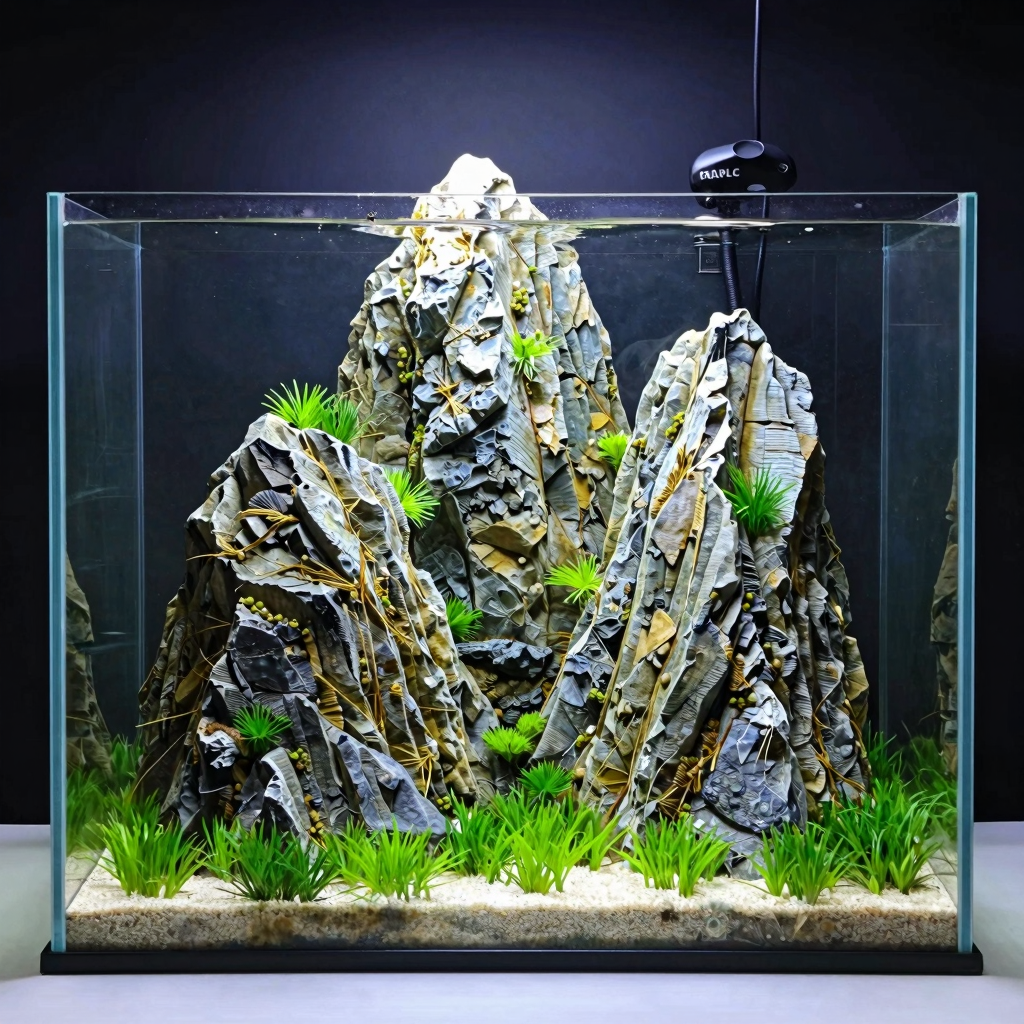 Aquarium featuring a detailed rock formation with various aquatic plants in front, ideal for beginners to advanced aquascapers