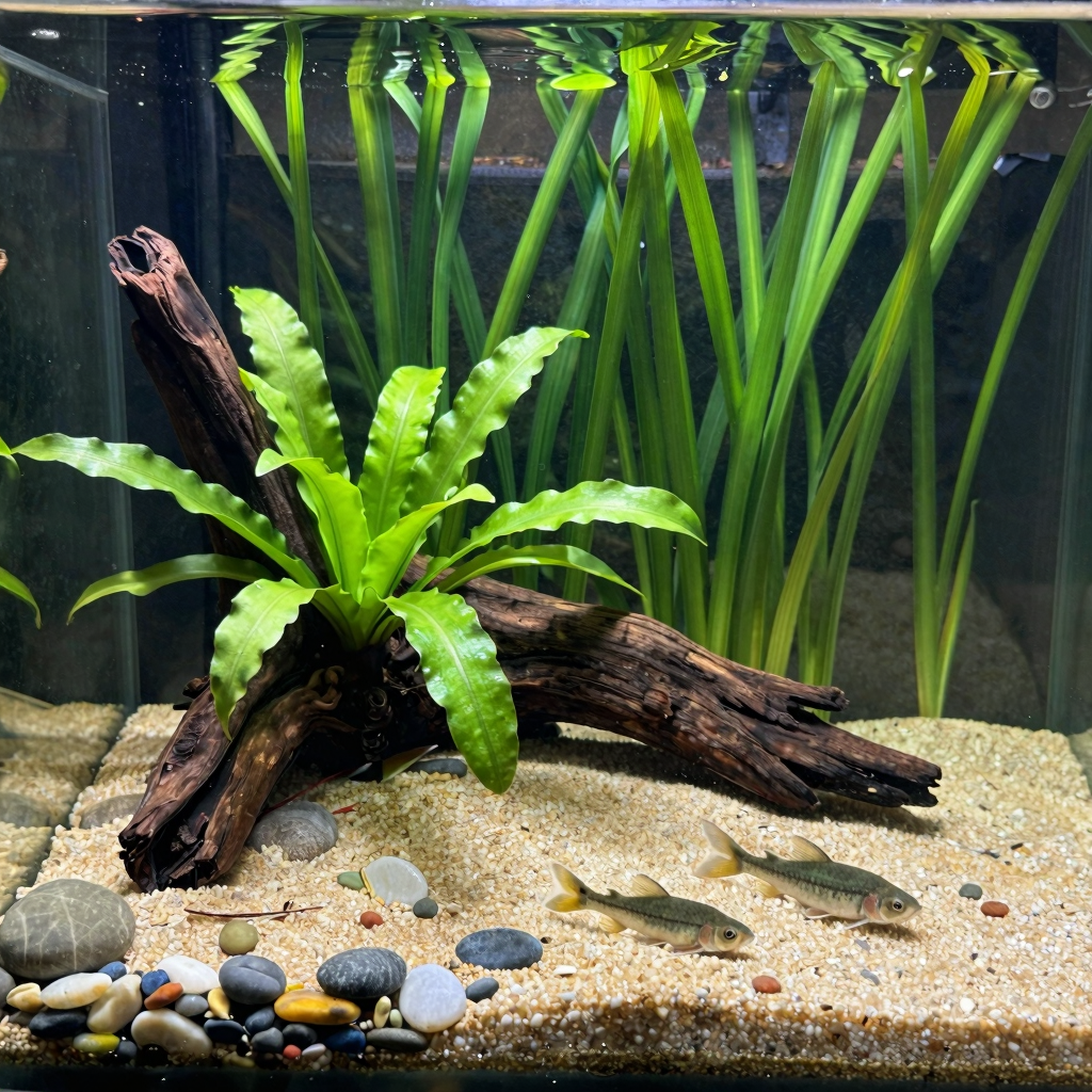 Aquascape with lush planted tank featuring Java fern, driftwood, and small fish swimming among rocks in a vibrant aquarium setup
