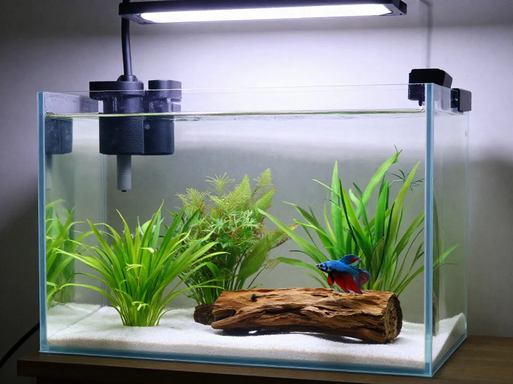 Calm planted nano aquarium with gentle surface movement and protected filter intake
