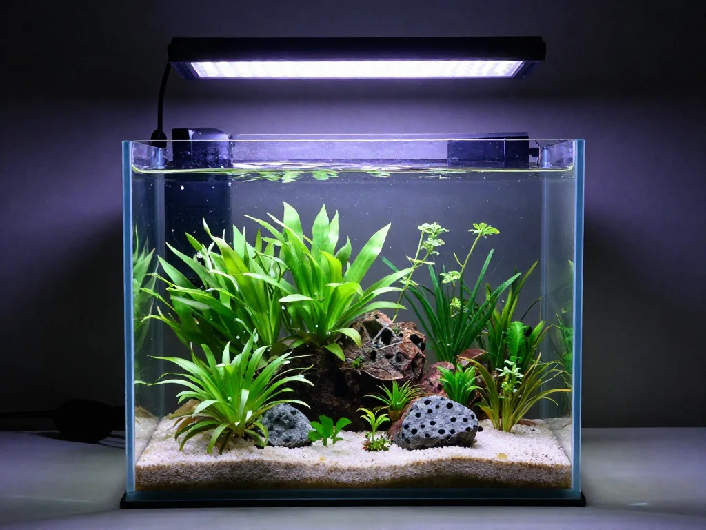 Planted 10 gallon aquarium evenly lit by a modest LED light