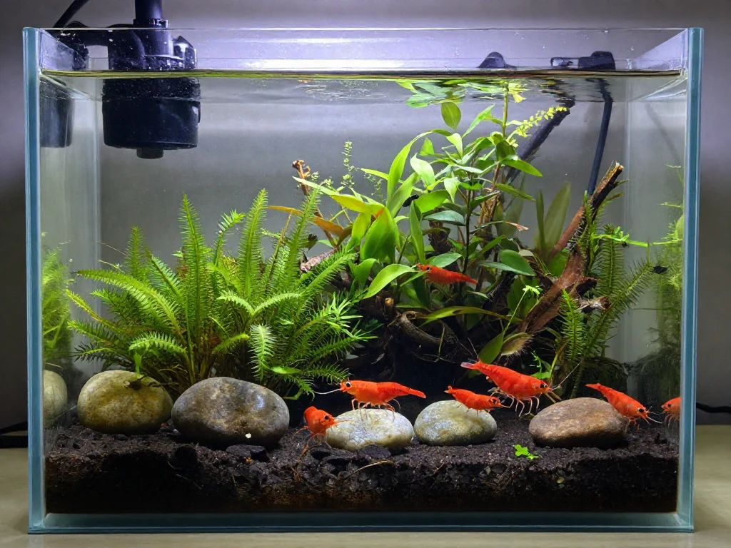 Shrimp-safe planted aquarium with moss, stable substrate, and small cherry shrimp