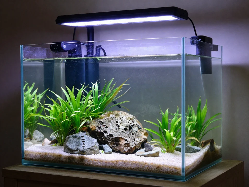 Beginner-friendly 10 gallon planted tank setup with balanced equipment and stone layout